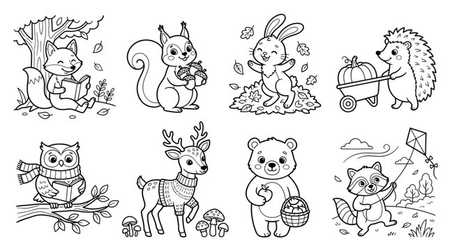 Cute autumn woodland animals coloring page set black and white outline vector illustration for kids