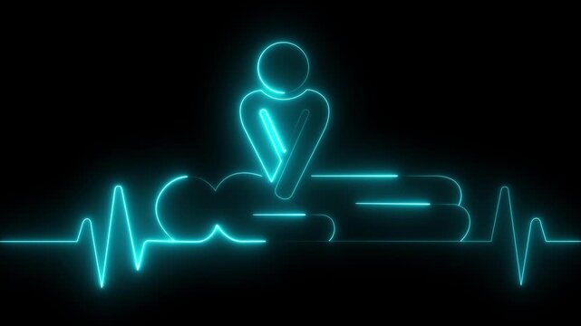 neon heartbeat icon animation. CPR chest compressions showing medical resuscitation technique for training, safety, heartbeat pulse, on medical lifesaving care,motion graphic..