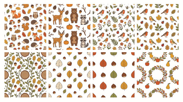 Seamless autumn forest animal patterns featuring bears, deer, foxes, and seasonal foliage elements for wrapping paper and textile design