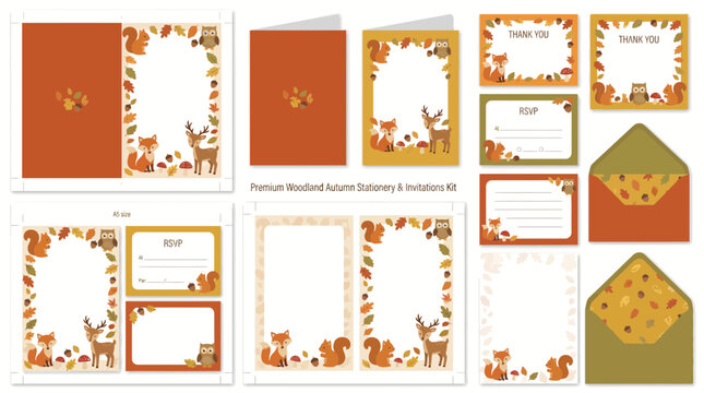 Autumn Woodland Forest Animal Themed Stationery and Invitation Set for Fall Events
