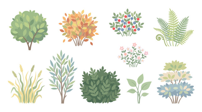Collection of Hand Drawn Decorative Garden Plants, Stylized Trees, and Green Shrubs for Nature Design