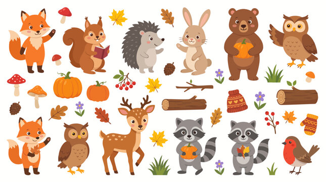 Cute Autumn Forest Animals and Nature Elements Set with Fox, Bear, Deer, and Pumpkins for Kids Design