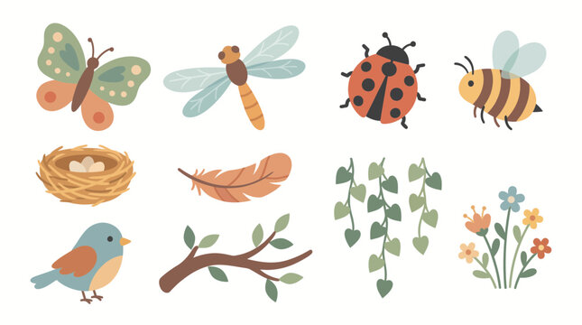 Cute spring nature vector elements set with insects, bird, nest, flowers, and leaves