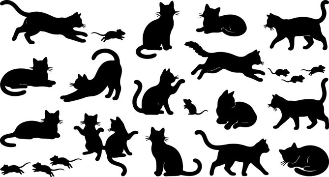 Collection of black cat and mouse silhouettes, showcasing various playful and dynamic poses for design inspiration