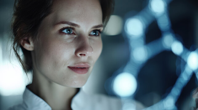 Close-up portrait of a young female scientist examining a DNA double helix in a modern biomedical laboratory. Ideal for concepts related to genetics, biotechnology, genomics, precision medicine, scien
