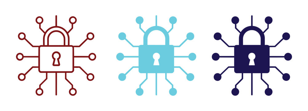 Cyber Security Icons: A trio of digital padlock icons, representing cyber security and data protection, feature circuit board-like connections radiating outwards.