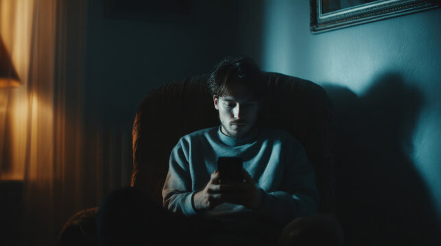 Young man sitting alone in a dimly lit room, focused on his smartphone late at night. Concept of excessive screen time, digital addiction, insomnia, loneliness, nighttime scrolling, social media depen