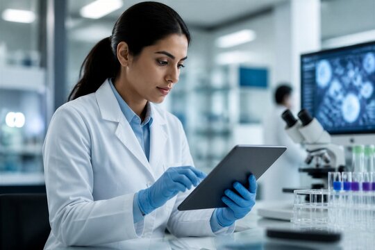 Female scientist using tablet for lab analysis in research facility