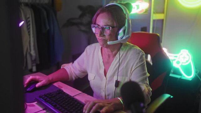 Woman with headset shields face with hand while using keyboard and mouse in studio; frustration perseverance.