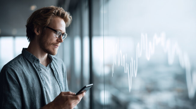 Young business professional reviewing digital investment trends on a smartphone while standing beside a panoramic office window with a financial chart reflection. Fintech, stock market analysis, mobil