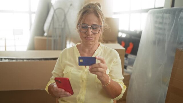 Woman middle age holding smartphone and creditcard, frowning while checking payment amid packed boxes and mattress in building; moving planning frustration.