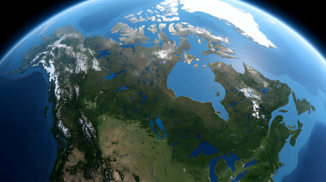 Satellite view of north america showing canada and the arctic region from high above in space