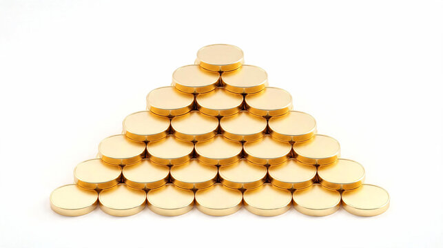 Pyramid of gold coins, stack of golden disks, metallic tokens, golden circular objects, wealth accumulation concept, finance stack, precious metal coins structure, golden pyramid design.