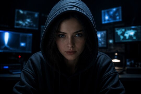 Young woman staring intently in hooded sweatshirt in control room