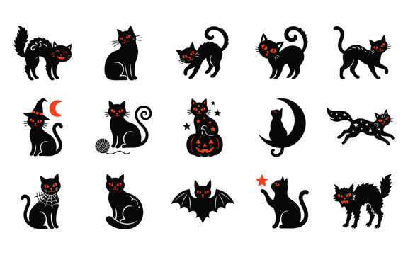 Set of black cat silhouettes for a spooky halloween vector illustration featuring various feline poses and magical elements