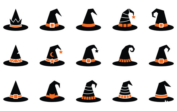 Set of fifteen decorative witch hats for a spooky halloween vector illustration design collection on white background