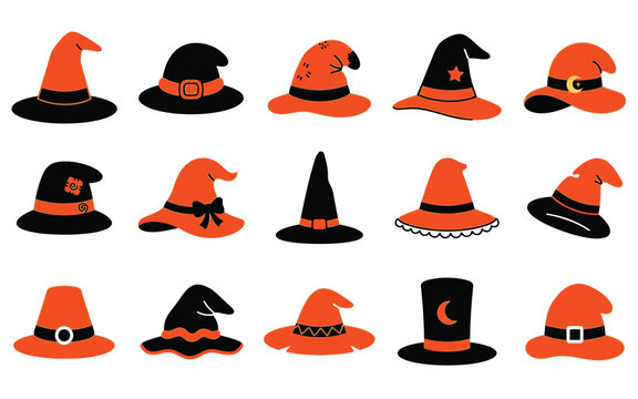 Set of various witch hats in a festive halloween vector illustration for seasonal party decorations and graphic design projects