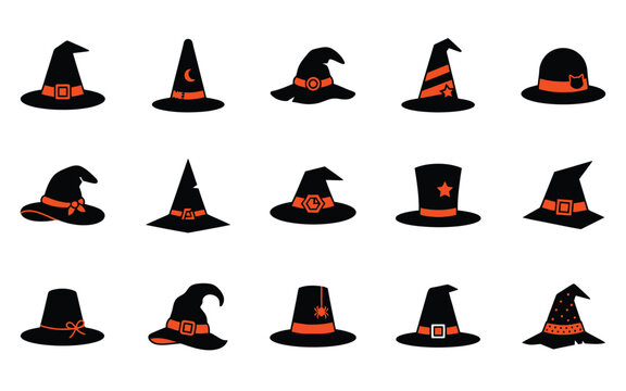 Set of various witch hats for a spooky halloween vector illustration featuring festive autumn holiday design elements