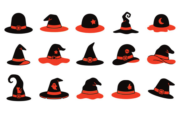 A collection of various witch hats in a festive halloween vector illustration for seasonal holiday design projects