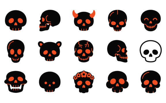 Set of spooky human skulls for a halloween vector illustration featuring various dark and creative character designs