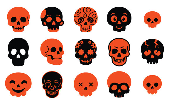 Set of decorative skulls in a spooky halloween vector illustration style featuring orange and black festive graphic elements