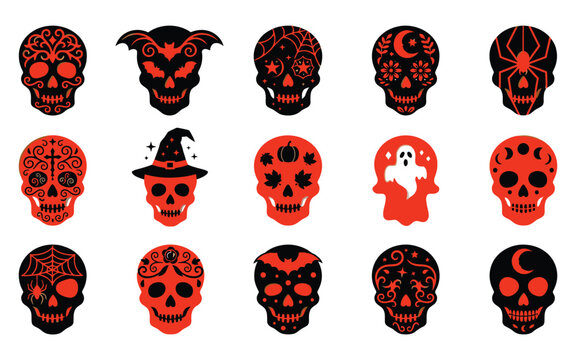Set of decorative sugar skulls for a festive halloween vector illustration with spooky patterns and vibrant orange colors