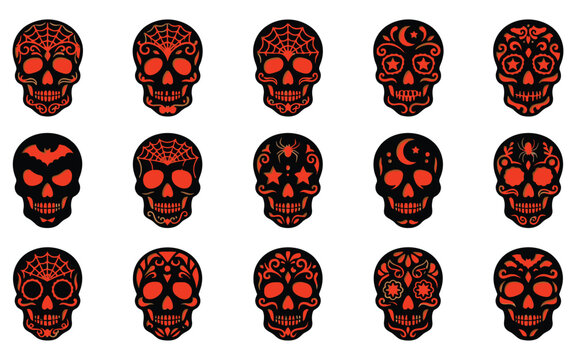 Set of decorative human skulls for a spooky halloween vector illustration featuring ornate patterns and dark red glowing eyes