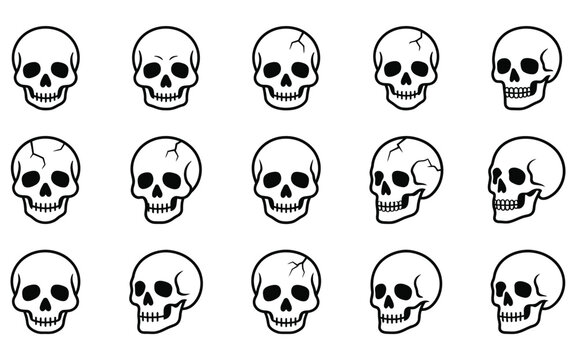 Set of human skulls in various angles for a spooky halloween vector illustration design element collection