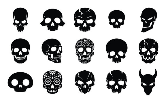 Set of black and white skull icons for a spooky halloween vector illustration design project