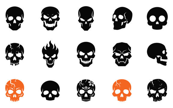Set of human skulls in various styles for a spooky halloween vector illustration design project collection