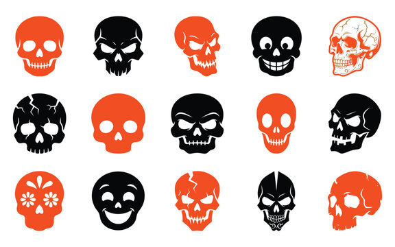 Set of various human skulls in a halloween vector illustration style with orange and black graphic design elements