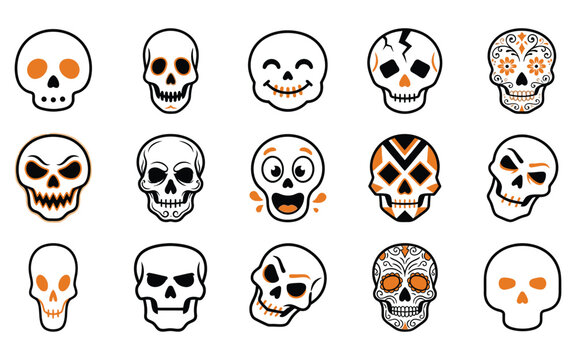 Set of various human skulls in a creative halloween vector illustration style for spooky holiday graphic design projects