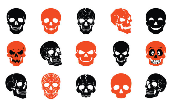 Set of spooky skulls for halloween vector illustration featuring black and orange hand drawn artistic skull designs