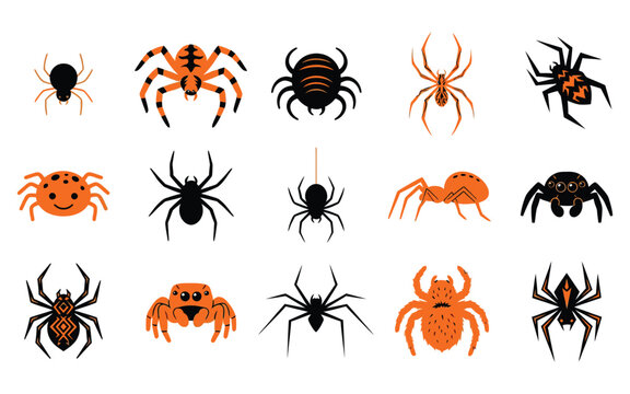 Set of various spiders in a creative halloween vector illustration style for seasonal decorations and spooky graphic design projects