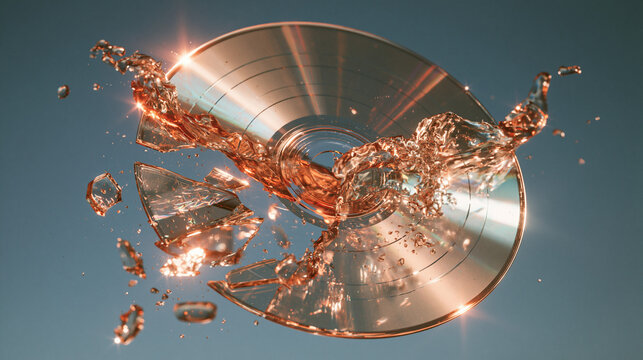 Concept of broken physical media with a squeezed compact disc; concept that CDs and DVDs are dying out.