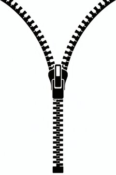 Black zipper icon on white background. Metal fastener graphic for clothing design.