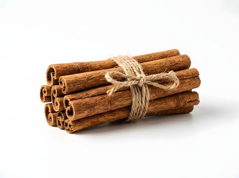 A bundle of natural cinnamon sticks tied with string on white background