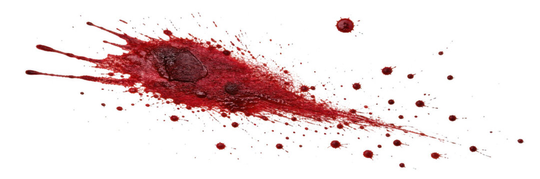 Blood splatter with droplets during dynamic impact for medical or crime scene concepts