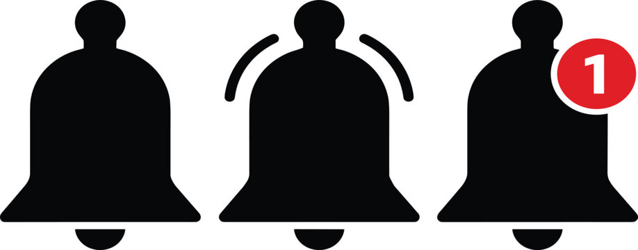 Notification bell vector icon set featuring unread alert red badge.