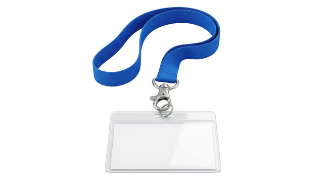 Blue Lanyard with Clear ID Badge Holder and Metal Clasp on a White Surface