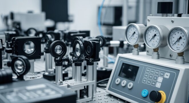 Laser terminal optics positioned on a vacuum alignment bench with automated control panels and pressure gauges in a controlled lab setting.