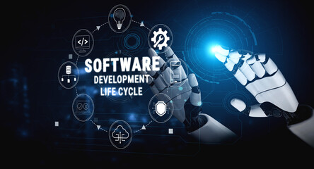Fototapeta premium Futuristic Robot Hand Interacting with Digital Software Development Life Cycle Concept in a Modern Technology Background Quark.