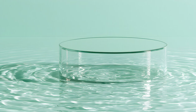 A clear glass podium with ripples resembling water and a reflective mint green background illustration