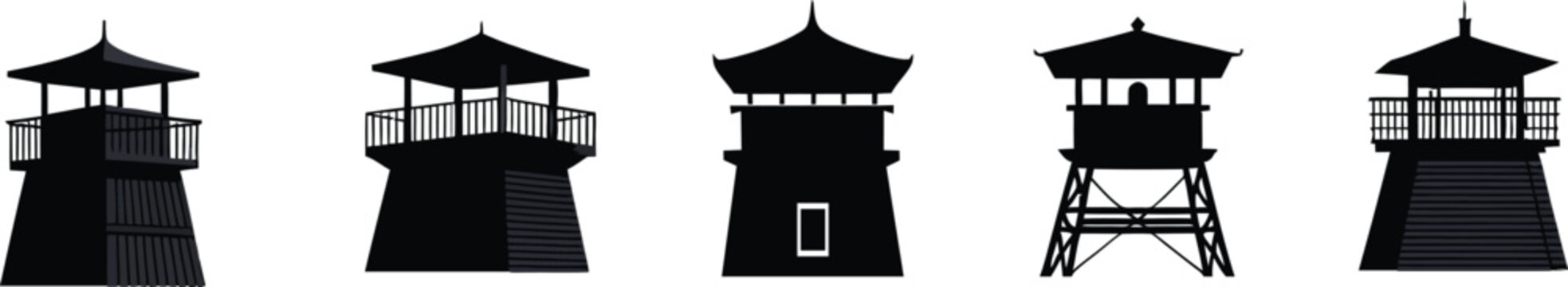 Vector set of different watchtowers in unique architectural styles