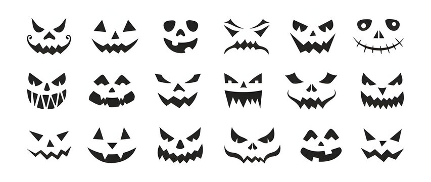 Set of fifteen hand drawn scary pumpkin faces for halloween with halloween collection jackolantern expression frightening horrifying decoration isolated stencils templates