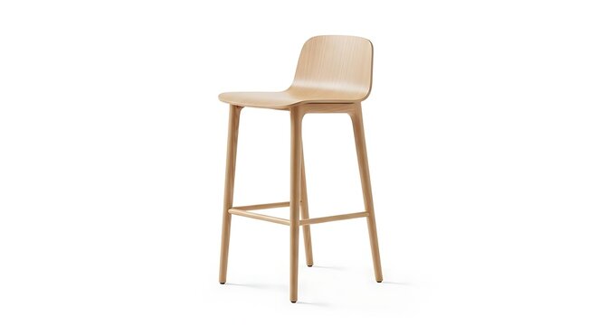 Minimalist light wood bar stool with curved backrest isolated on white background studio shot