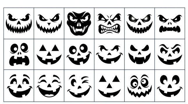 Collection of jackolantern carving stencil faces for halloween pumpkin decoration with halloween jackolantern template expression decoration collection isolated celebration seasonal crafting