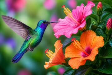 Obraz premium Hummingbird feeding from hibiscus flowers in tropical garden