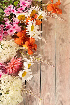 Advertising banner featuring beautiful garden flowers, chamomile, hydrangea, phlox, cherry blossoms and lilies, sunny summer postcard. Abstract floral composition and concept of elegant beauty,
