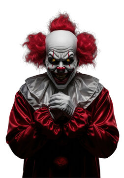 Sinister, ultra-realistic clown with electric red wig, hyper-garish makeup, and razor teeth, hands clasped, isolated on black void with hard chiaroscuro lighting. Calculated menace portrait